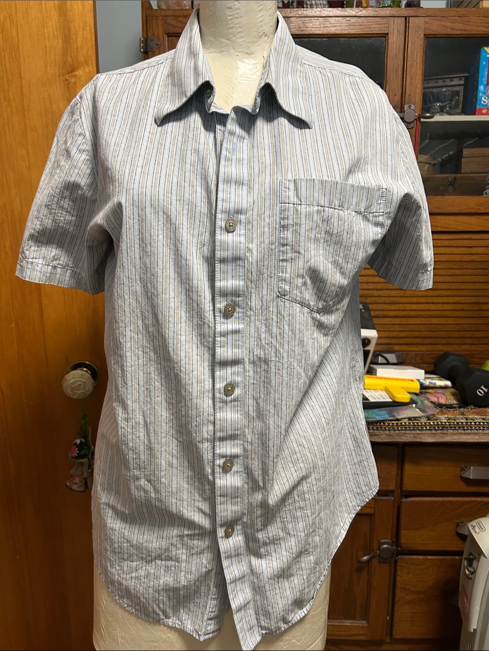 Calvin Klein Jeans Light Blue and White Striped Short-Sleeve Button-Down Shirt